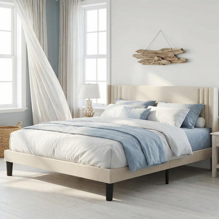 Gizoon Queen Bed Frame with Wingback Headboard, Upholstered Platform Bed 