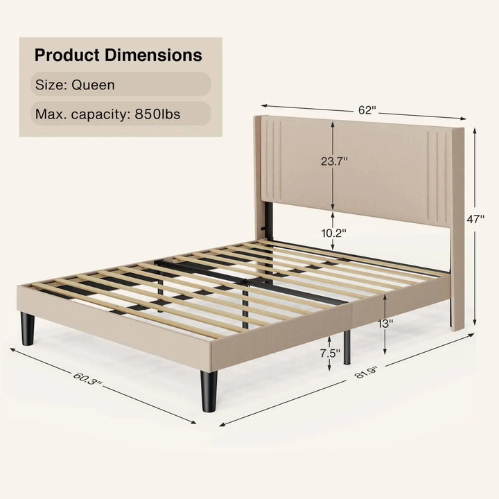 Gizoon Queen Bed Frame with Wingback Headboard, Upholstered Platform Bed 