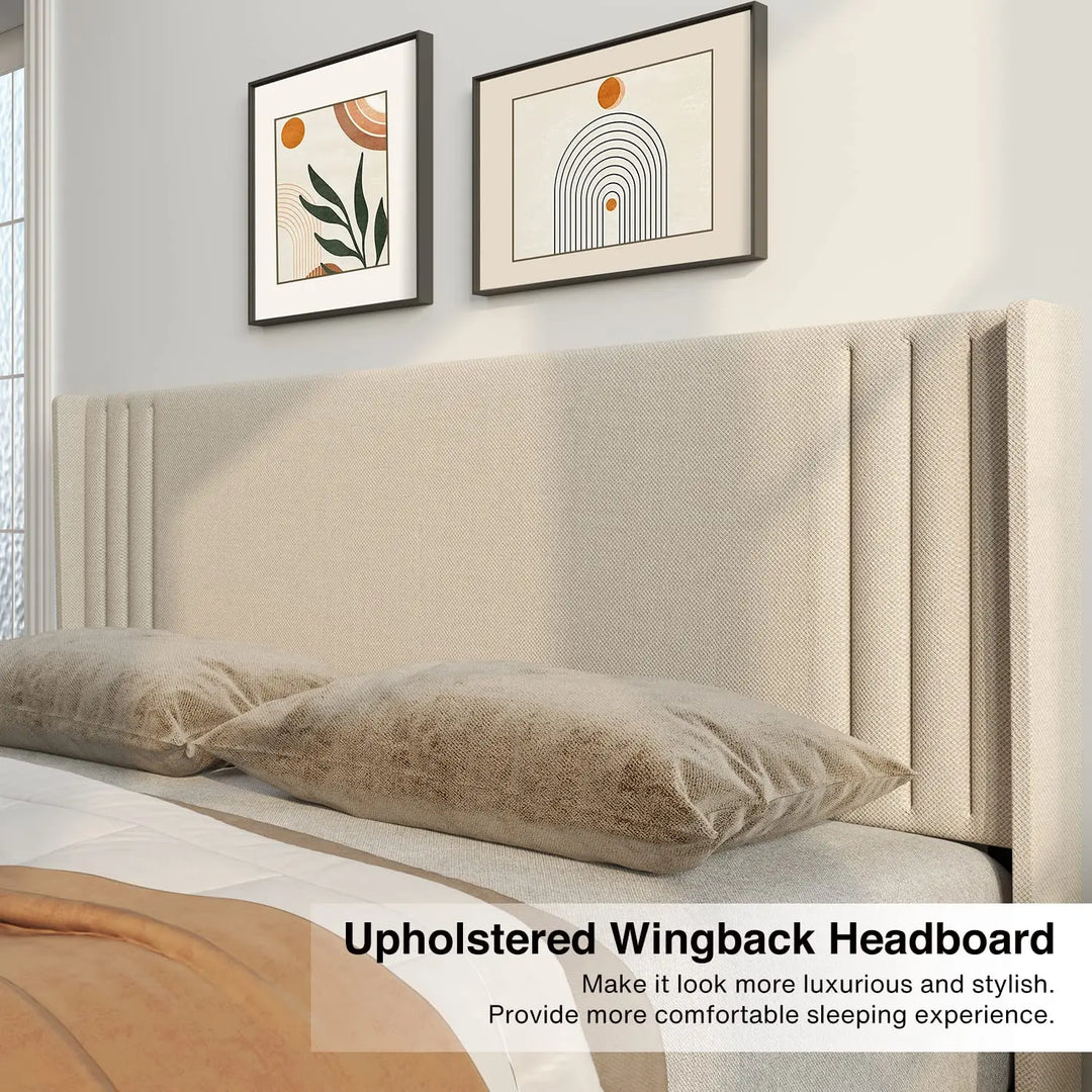 Gizoon Queen Bed Frame with Wingback Headboard, Upholstered Platform Bed 
