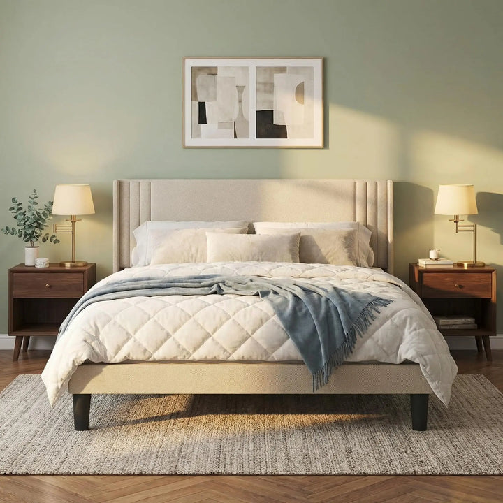 Gizoon Queen Bed Frame with Wingback Headboard, Upholstered Platform Bed 