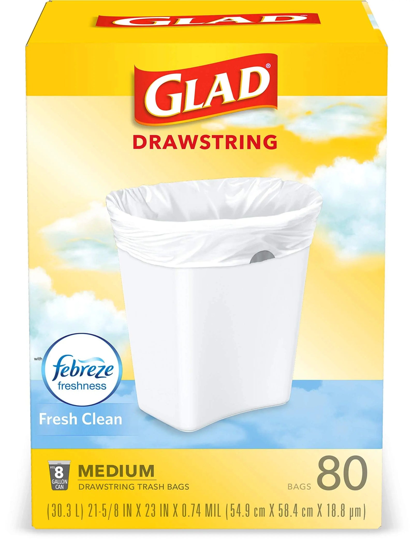 Glad Medium Kitchen Drawstring Trash Bags, 8 Gal, Fresh Clean Scent, 80 Ct (Package May Vary) 