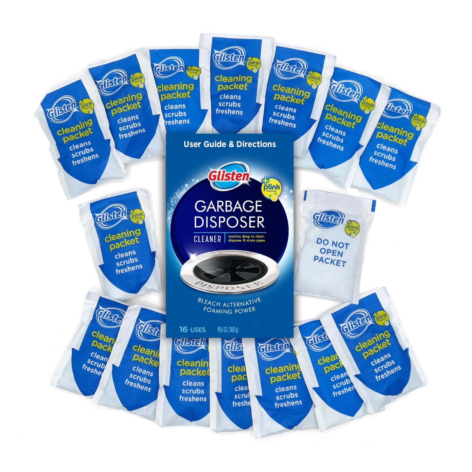 Glisten Garbage Disposer Cleaner and Freshener with Foaming Action, Helps Remove Buildup in Drains, Lemon Scent, 16 Packets 