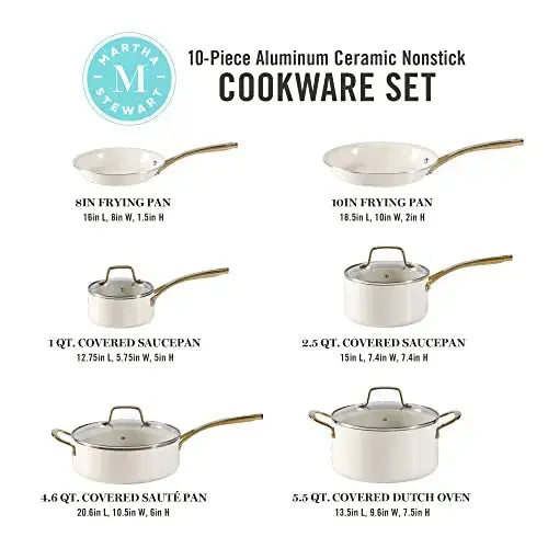 Martha Stewart Lockton Cookware Set - Linen White w/Gold Handle