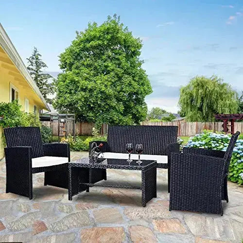 Goplus 4-Piece Rattan Patio Furniture Set - White | Black Wicker