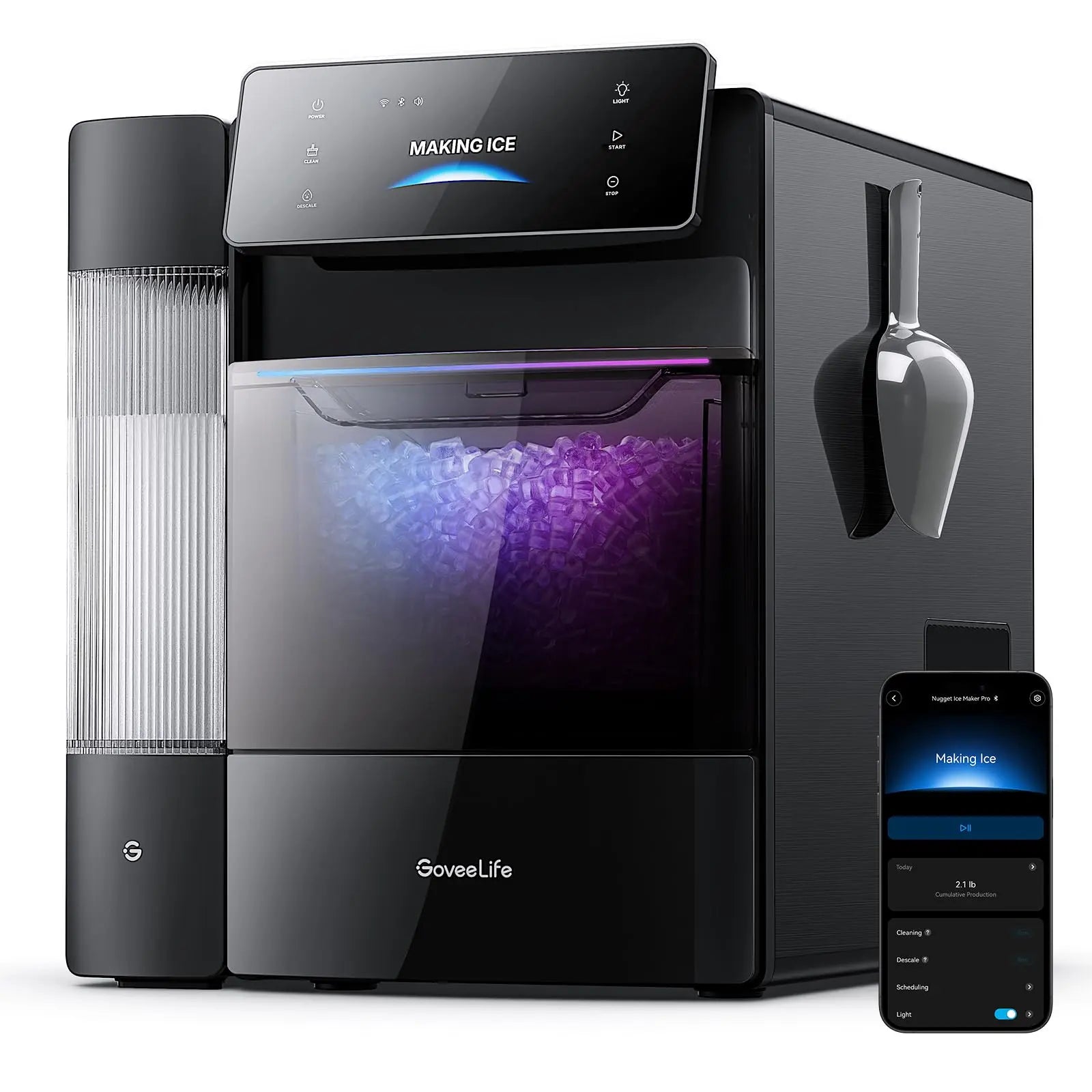 GoveeLife Smart Nugget Ice Maker Pro, 60lbs Daily, 6-Minute First Ice, 40dB Ultra-Quiet with AI NoiseGuard, App & Voice Control, Self-Clean, 3.5lbs Basket & Dual Water Tanks, for Home Kitchen, Party 