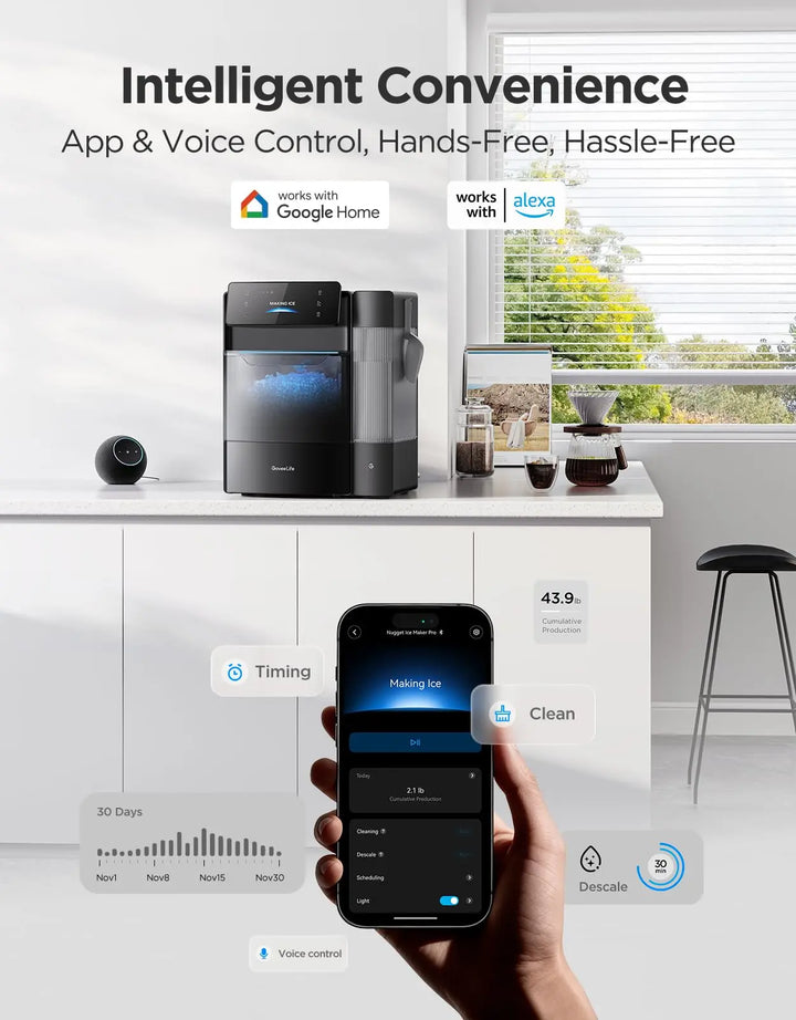 GoveeLife Smart Nugget Ice Maker Pro, 60lbs Daily, 6-Minute First Ice, 40dB Ultra-Quiet with AI NoiseGuard, App & Voice Control, Self-Clean, 3.5lbs Basket & Dual Water Tanks, for Home Kitchen, Party 