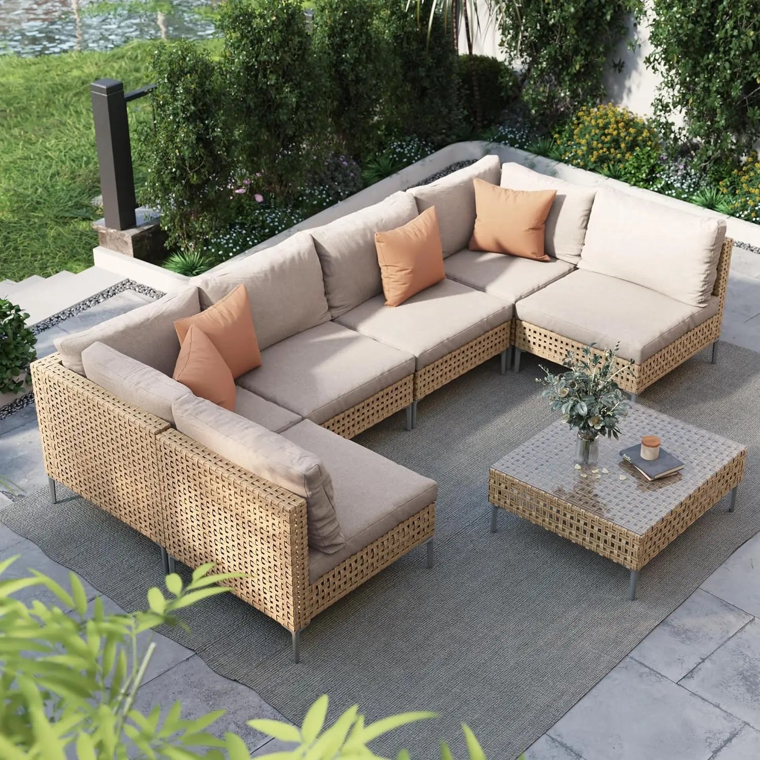 Grand Patio Wicker Patio Furniture Set, 7-PC Outdoor Sofa Set - Beige 