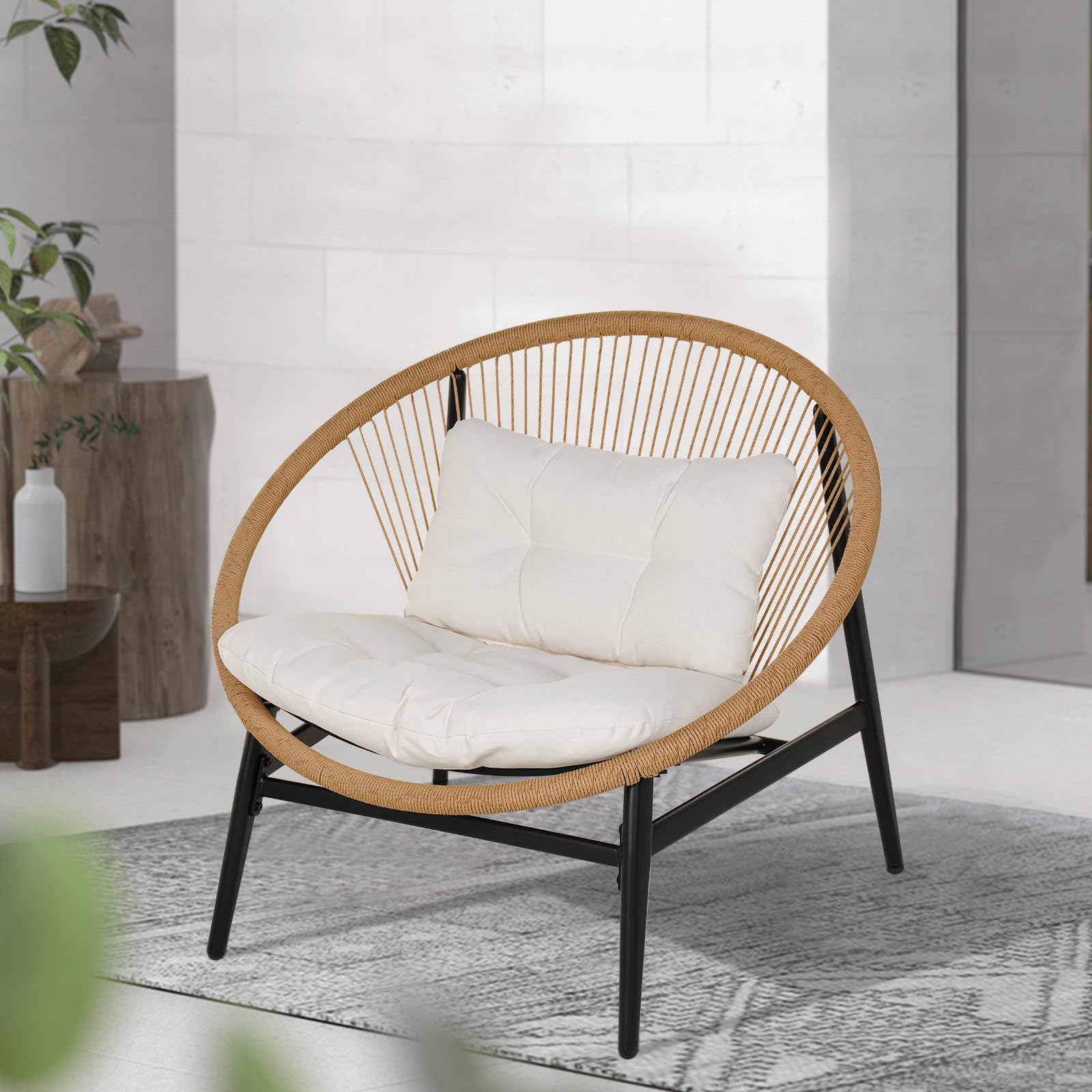 Grand patio 1-Piece Wicker Outdoor Chair, Patio Oversized Chair with Beige Cushion, Outdoor Furniture Set for Porch Balcony Deck Garden 