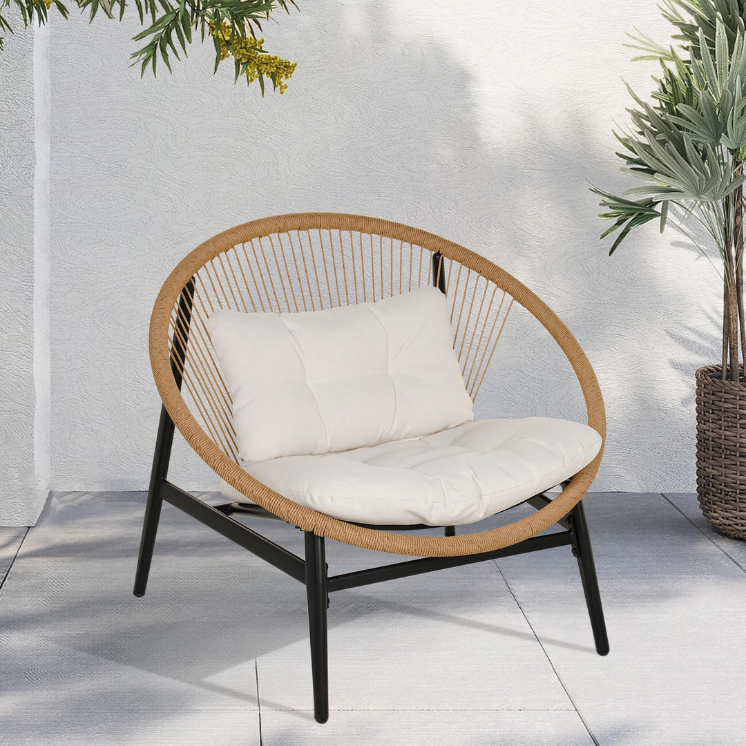 Grand patio 1-Piece Wicker Outdoor Chair, Patio Oversized Chair with Beige Cushion, Outdoor Furniture Set for Porch Balcony Deck Garden 