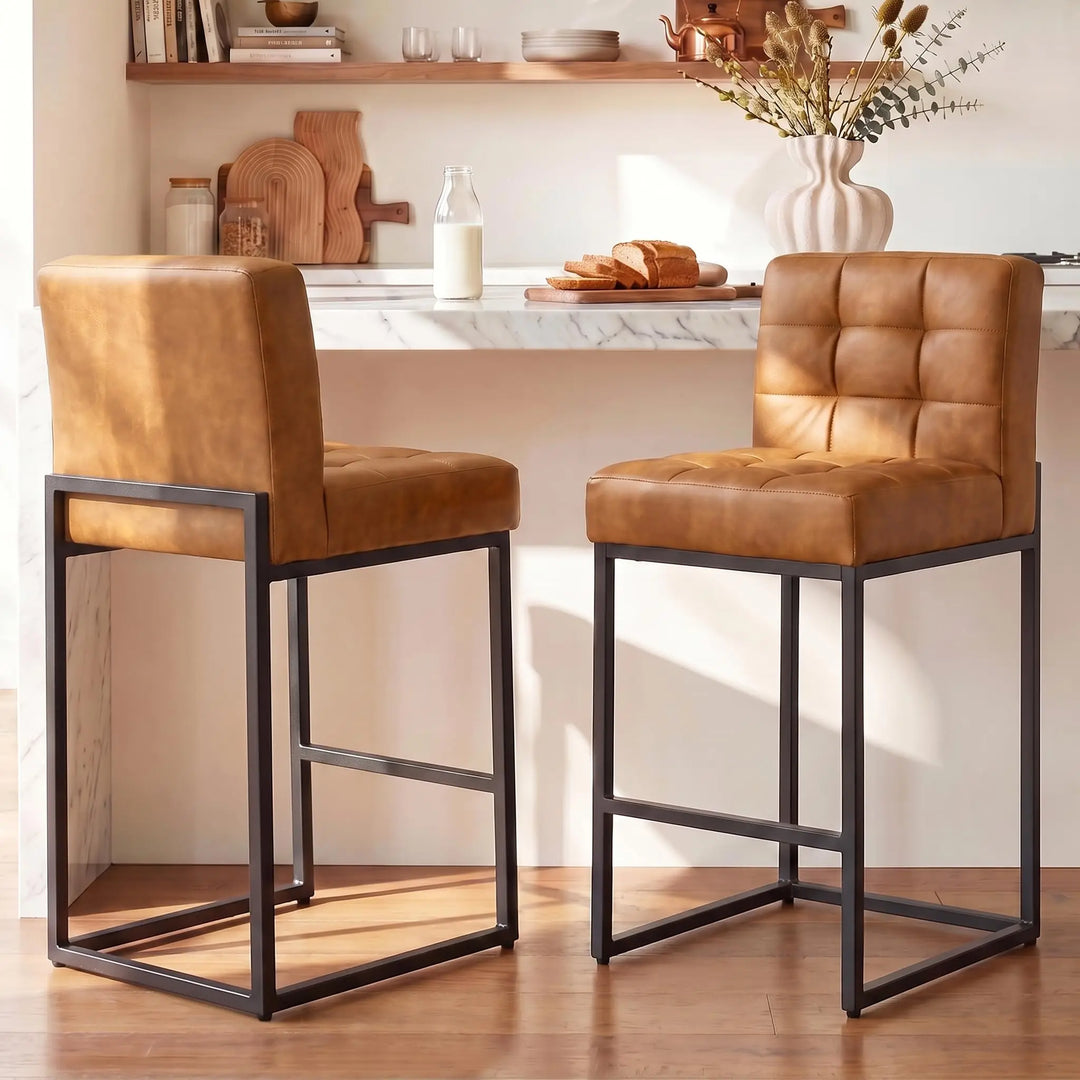GrandNoor Modern Counter Height Bar Stools, Set of 2, 25 Inch, Brown Faux Leather