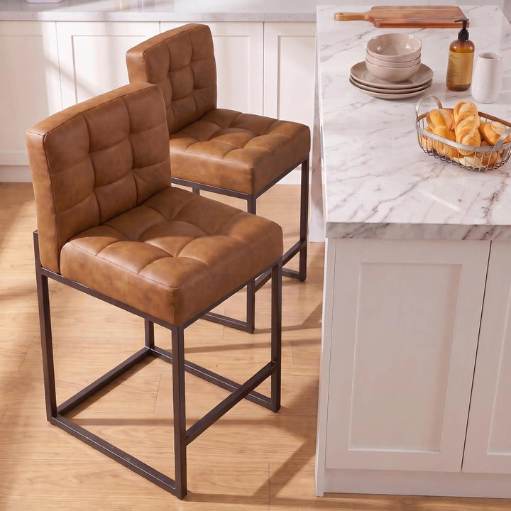 GrandNoor Modern Counter Height Bar Stools, Set of 2, 25 Inch, Brown Faux Leather