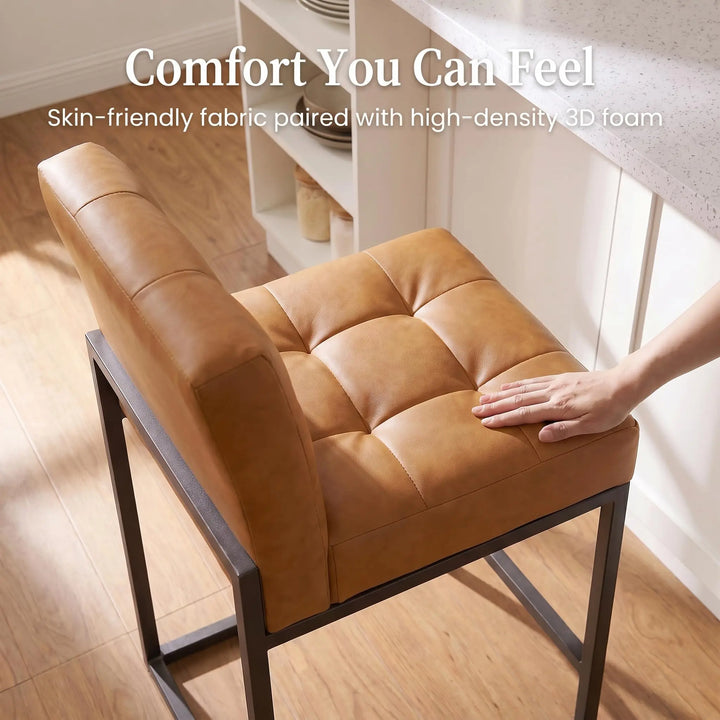 GrandNoor Modern Counter Height Bar Stools, Set of 2, 25 Inch, Brown Faux Leather