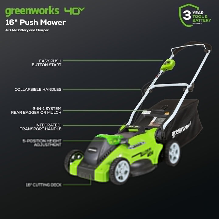 Greenworks 40V 16" Cordless Lawn Mower, Ultra-Light Push Mower with 4.0Ah Battery & Charger(75+ Tool Compatibility, 40Min Runtime) 