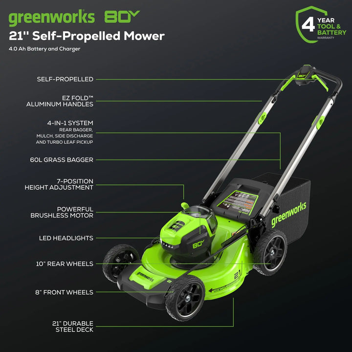 Greenworks 80V 21" Self-Propelled Cordless Lawn Mower – Brushless Motor, LED Lights, 4.0Ah Battery & Rapid Charger (75+ Compatible Tools) 