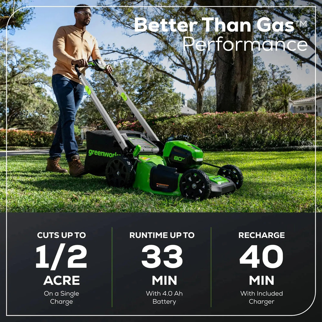 Greenworks 80V 21" Self-Propelled Cordless Lawn Mower – Brushless Motor, LED Lights, 4.0Ah Battery & Rapid Charger (75+ Compatible Tools) 