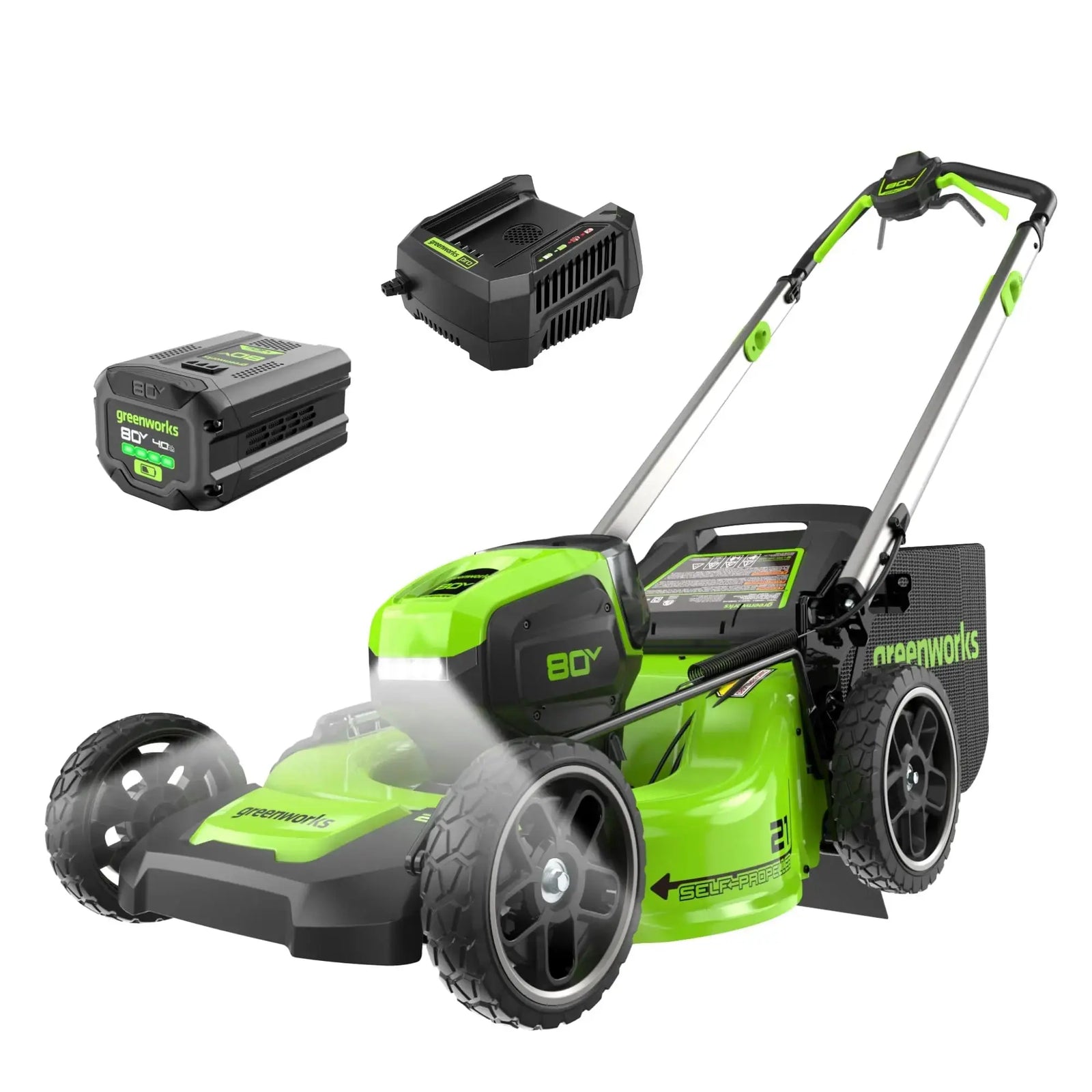 Greenworks 80V 21" Self-Propelled Cordless Lawn Mower – Brushless Motor, LED Lights, 4.0Ah Battery & Rapid Charger (75+ Compatible Tools) 