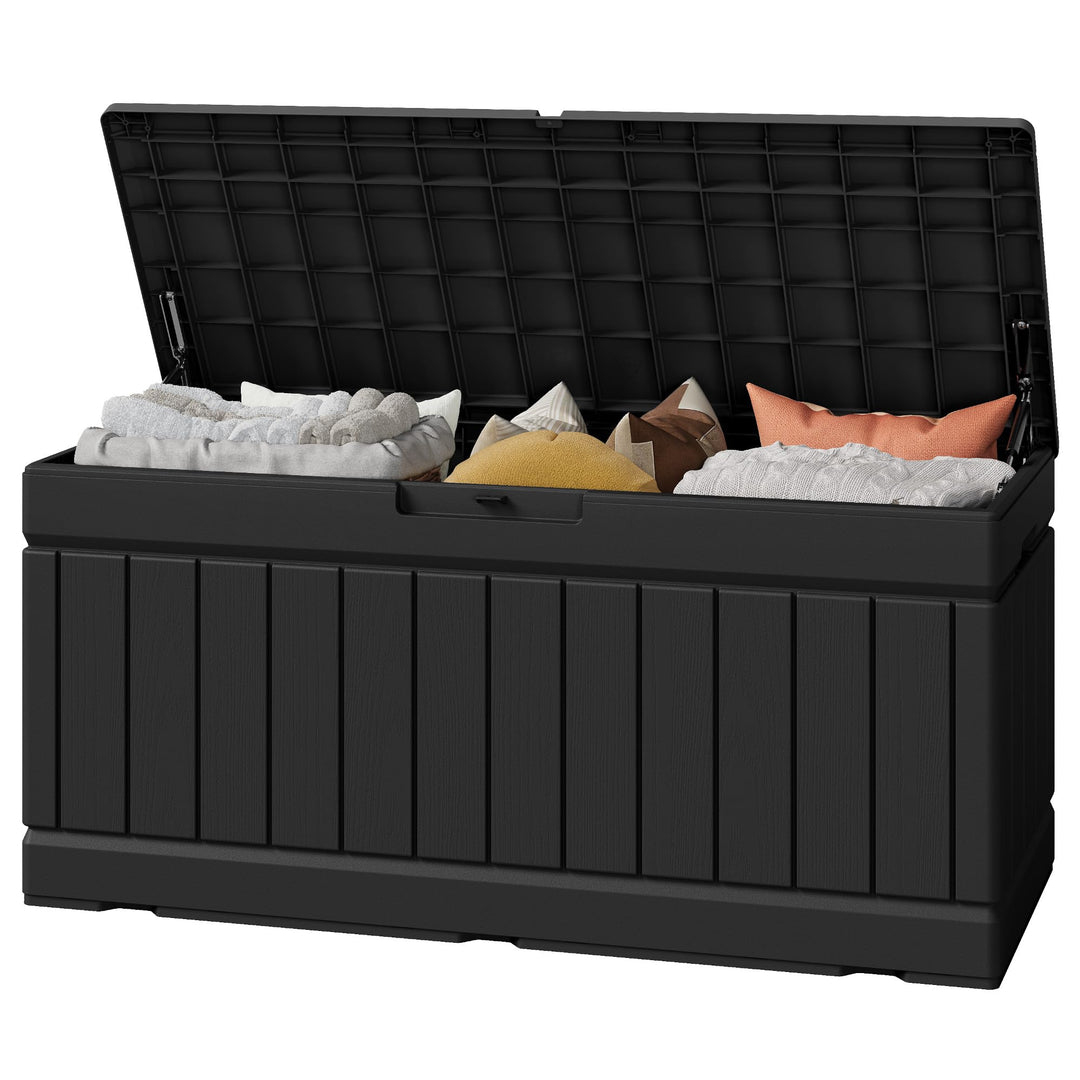 Greesum Outdoor Storage Box 82 Gallon Storage Bin with Lid for Patio Furniture, Garden Tools, Pool Supplies, Waterproof and UV Resistant, Lockable, Black 