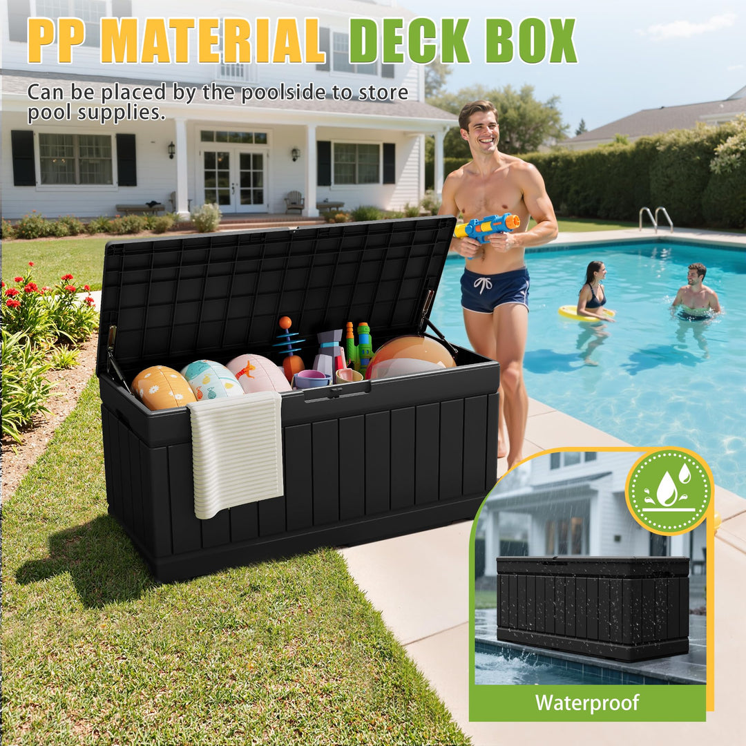 Greesum Outdoor Storage Box 82 Gallon Storage Bin with Lid for Patio Furniture, Garden Tools, Pool Supplies, Waterproof and UV Resistant, Lockable, Black 