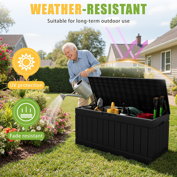 Greesum Outdoor Storage Box 82 Gallon Storage Bin with Lid for Patio Furniture, Garden Tools, Pool Supplies, Waterproof and UV Resistant, Lockable, Black 