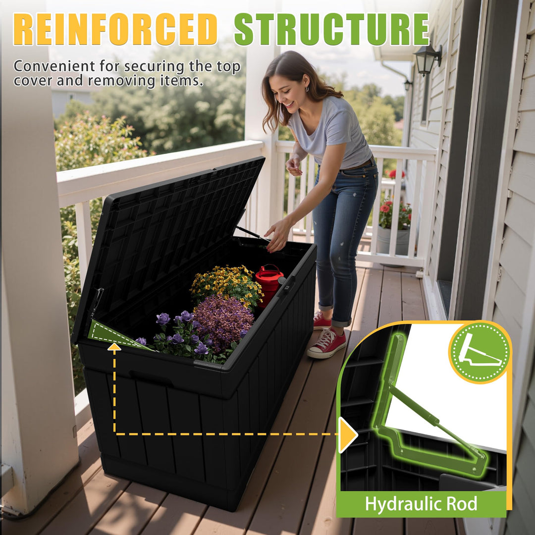 Greesum Outdoor Storage Box 82 Gallon Storage Bin with Lid for Patio Furniture, Garden Tools, Pool Supplies, Waterproof and UV Resistant, Lockable, Black 