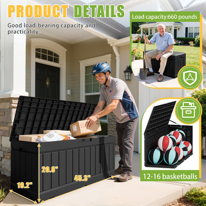 Greesum Outdoor Storage Box 82 Gallon Storage Bin with Lid for Patio Furniture, Garden Tools, Pool Supplies, Waterproof and UV Resistant, Lockable, Black 