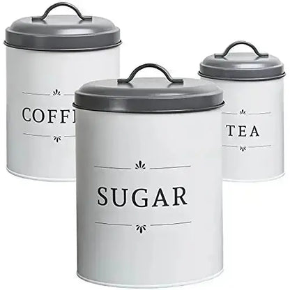 Baie Maison Canisters |  Large Farmhouse Kitchen Canister Set of 3 - White/Grey