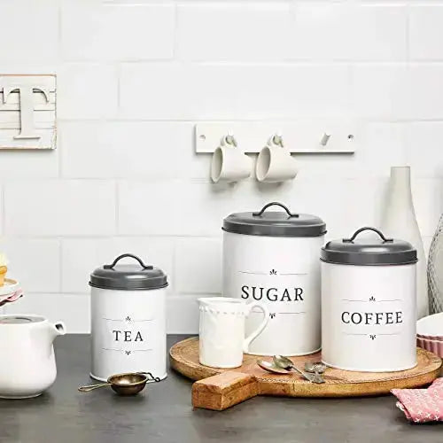 Baie Maison Canisters |  Large Farmhouse Kitchen Canister Set of 3 - White/Grey