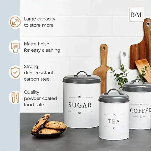 Baie Maison Canisters |  Large Farmhouse Kitchen Canister Set of 3 - White/Grey