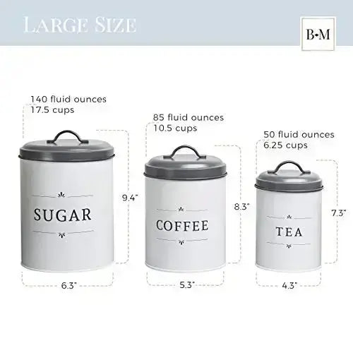 Baie Maison Canisters |  Large Farmhouse Kitchen Canister Set of 3 - White/Grey