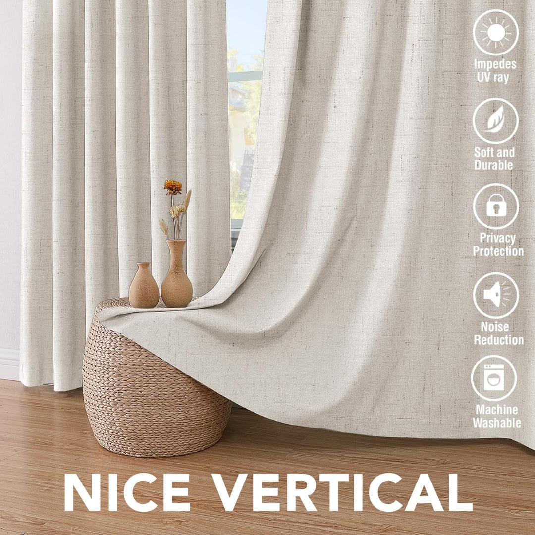 H.VERSAILTEX 100% Blackout Curtains Linen Textured Blackout Curtains for Bedroom Full Light Blocking Thermal Insulated Curtain Panels 84 Inches Long Energy Saving with White Liner, 2 Panels, Ivory 