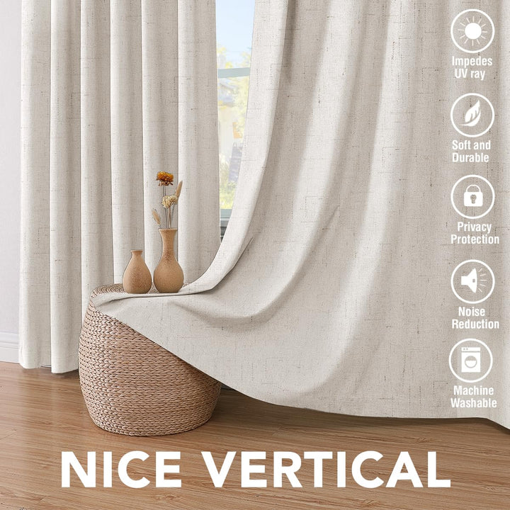 H.VERSAILTEX 100% Blackout Curtains Linen Textured Blackout Curtains for Bedroom Full Light Blocking Thermal Insulated Curtain Panels 84 Inches Long Energy Saving with White Liner, 2 Panels, Ivory 