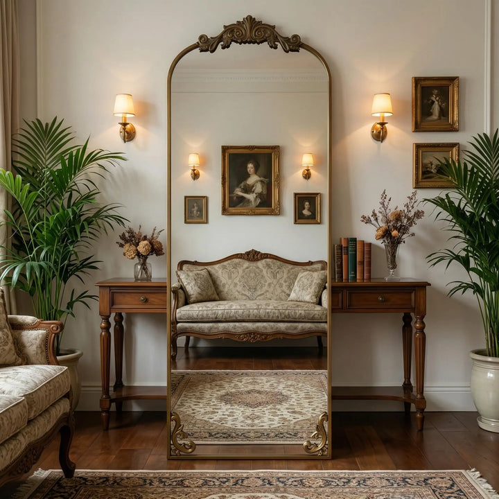 HARRITPURE arched full length mirror with an ornate vintage gold frame