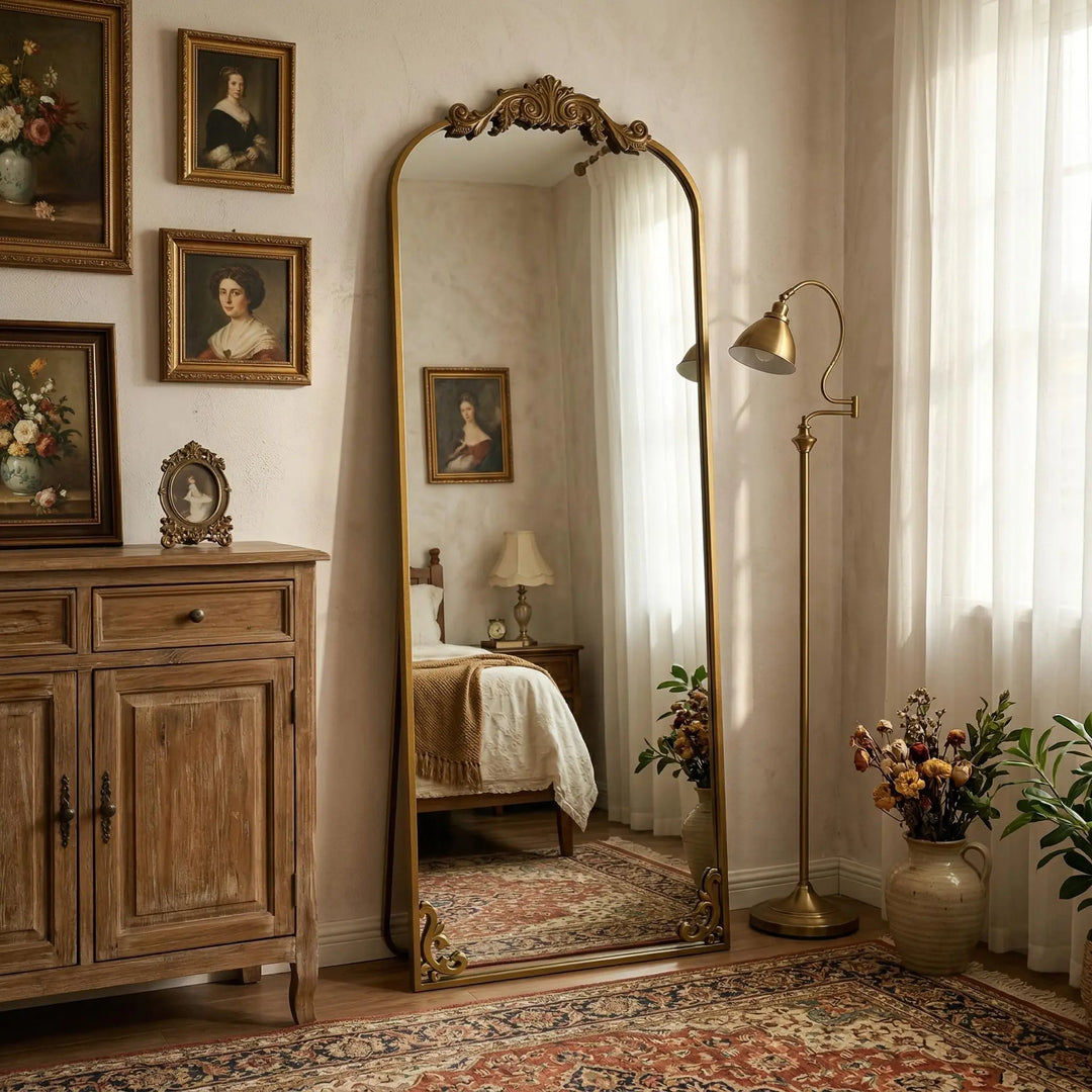 HARRITPURE arched full length mirror with an ornate vintage gold frame