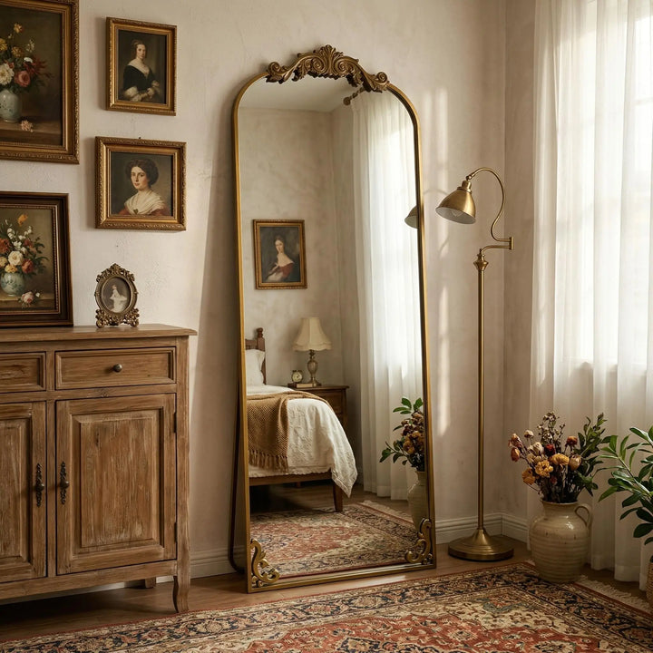 HARRITPURE arched full length mirror with an ornate vintage gold frame