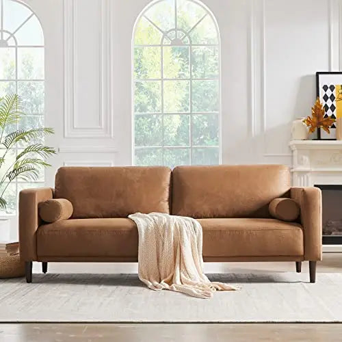 HIFIT Sofa Couches, 79” Mid-Century Modern Couch, Breathable Faux Leather Couch with Upholstered Cushions/Pillows, 3-Seat Sofa - Brown 