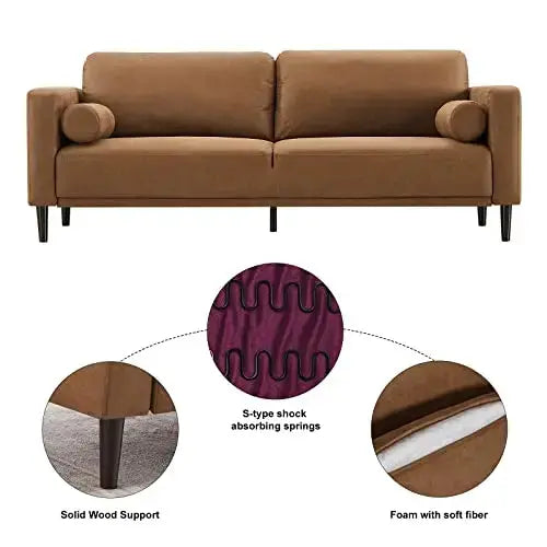 HIFIT Sofa Couches, 79” Mid-Century Modern Couch, Breathable Faux Leather Couch with Upholstered Cushions/Pillows, 3-Seat Sofa - Brown 
