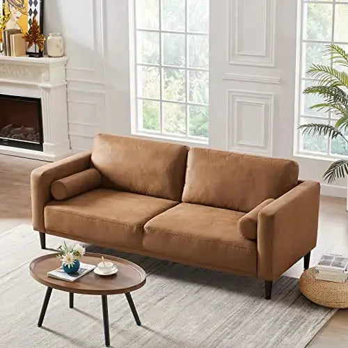 HIFIT Sofa Couches, 79” Mid-Century Modern Couch, Breathable Faux Leather Couch with Upholstered Cushions/Pillows, 3-Seat Sofa - Brown 