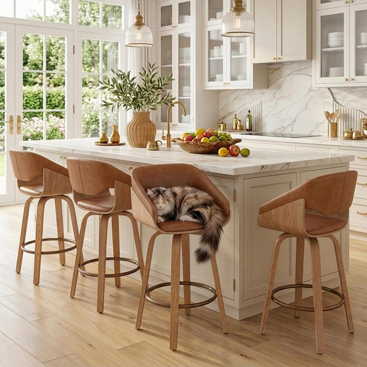 HNY 26 Inch Modern Barrel Swivel Counter Stools, Set of 4, Brown Faux Leather