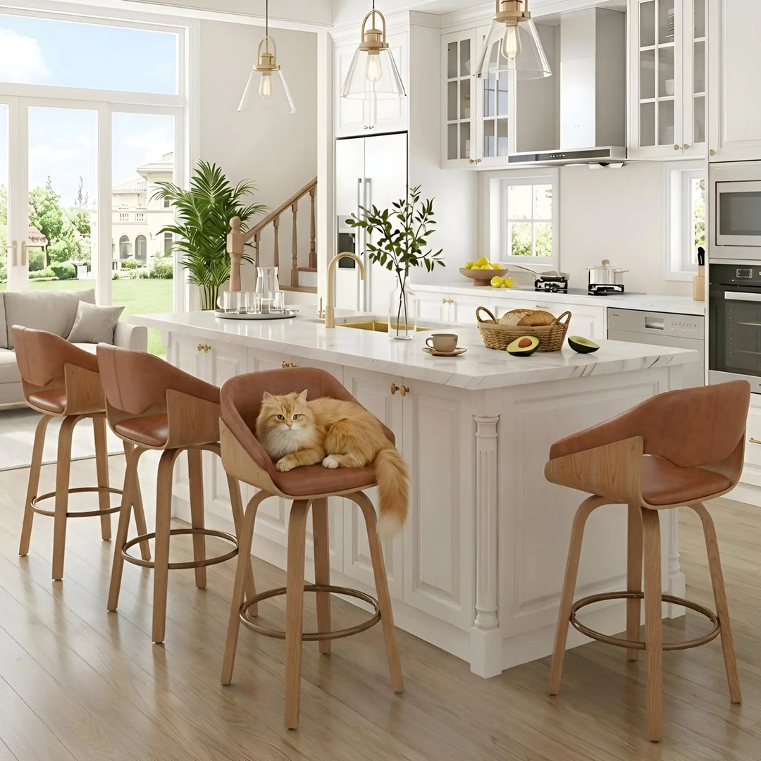 HNY 26 Inch Modern Barrel Swivel Counter Stools, Set of 4, Brown Faux Leather