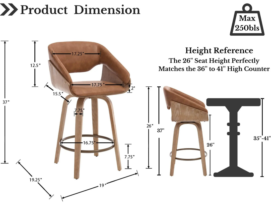 HNY 26 Inch Modern Barrel Swivel Counter Stools, Set of 4, Brown Faux Leather