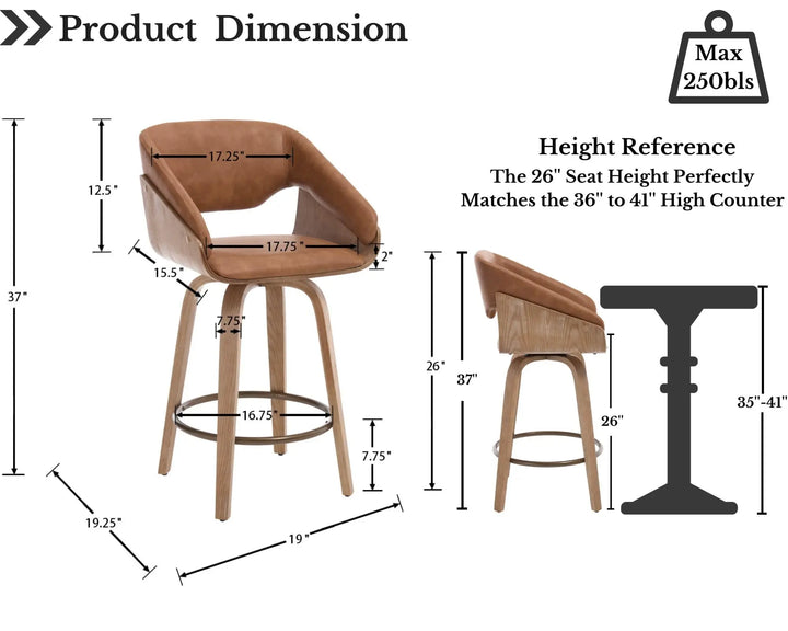 HNY 26 Inch Modern Barrel Swivel Counter Stools, Set of 4, Brown Faux Leather