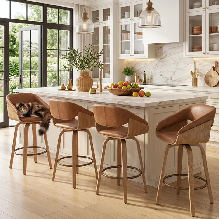 HNY 26 Inch Modern Barrel Swivel Counter Stools, Set of 4, Brown Faux Leather
