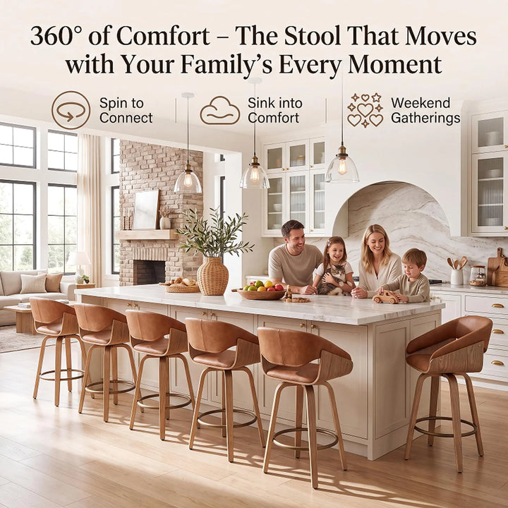 HNY 26 Inch Modern Barrel Swivel Counter Stools, Set of 4, Brown Faux Leather