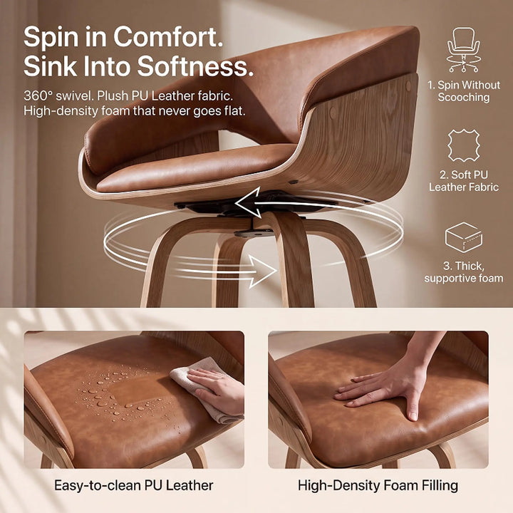 HNY 26 Inch Modern Barrel Swivel Counter Stools, Set of 4, Brown Faux Leather