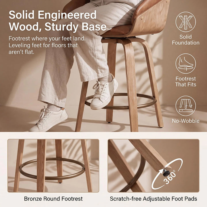 HNY 26 Inch Modern Barrel Swivel Counter Stools, Set of 4, Brown Faux Leather