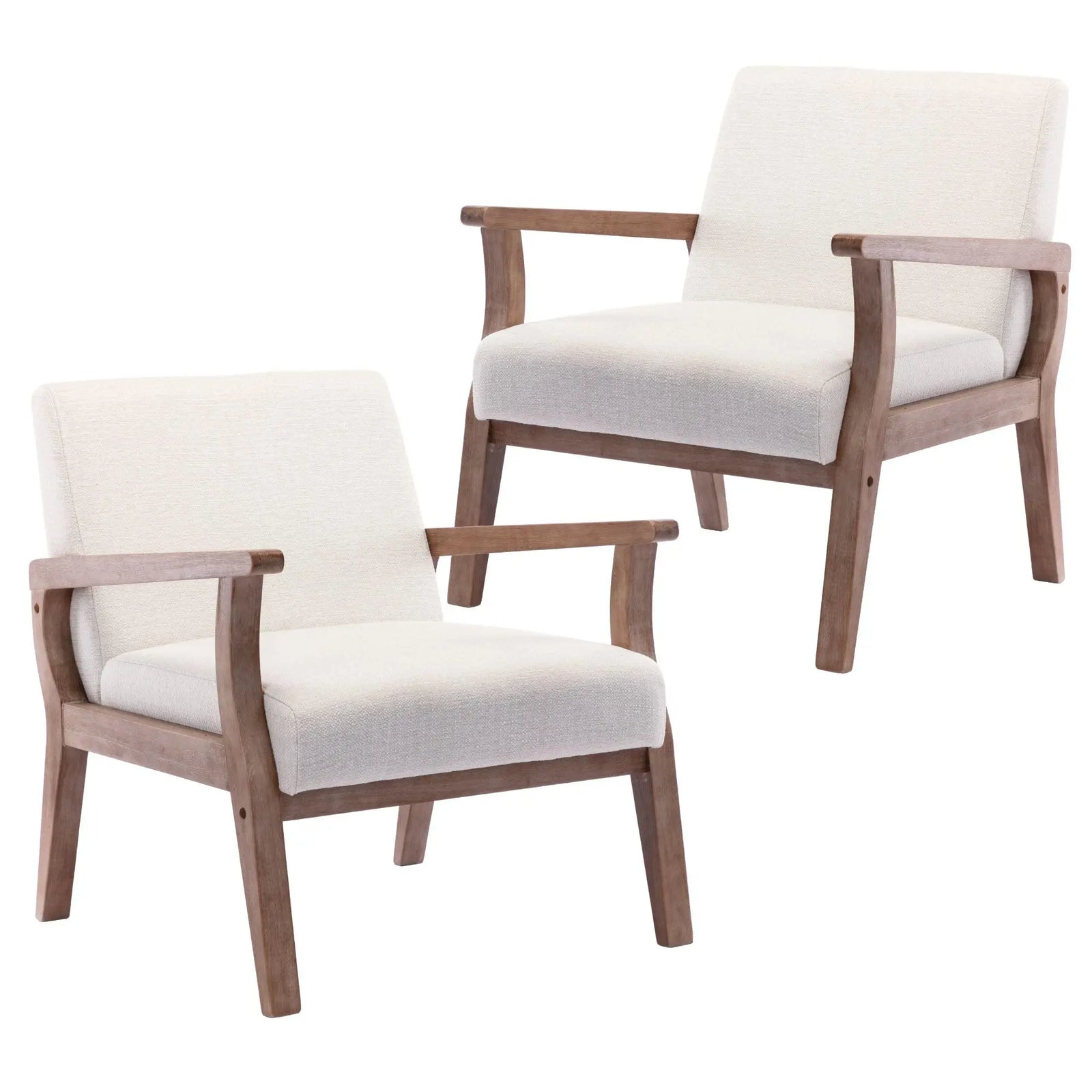 HNY Mid Century Modern Accent Chairs Set of 2 with Wood Frames, Linen Upholstered Arm Chairs - Ivory 