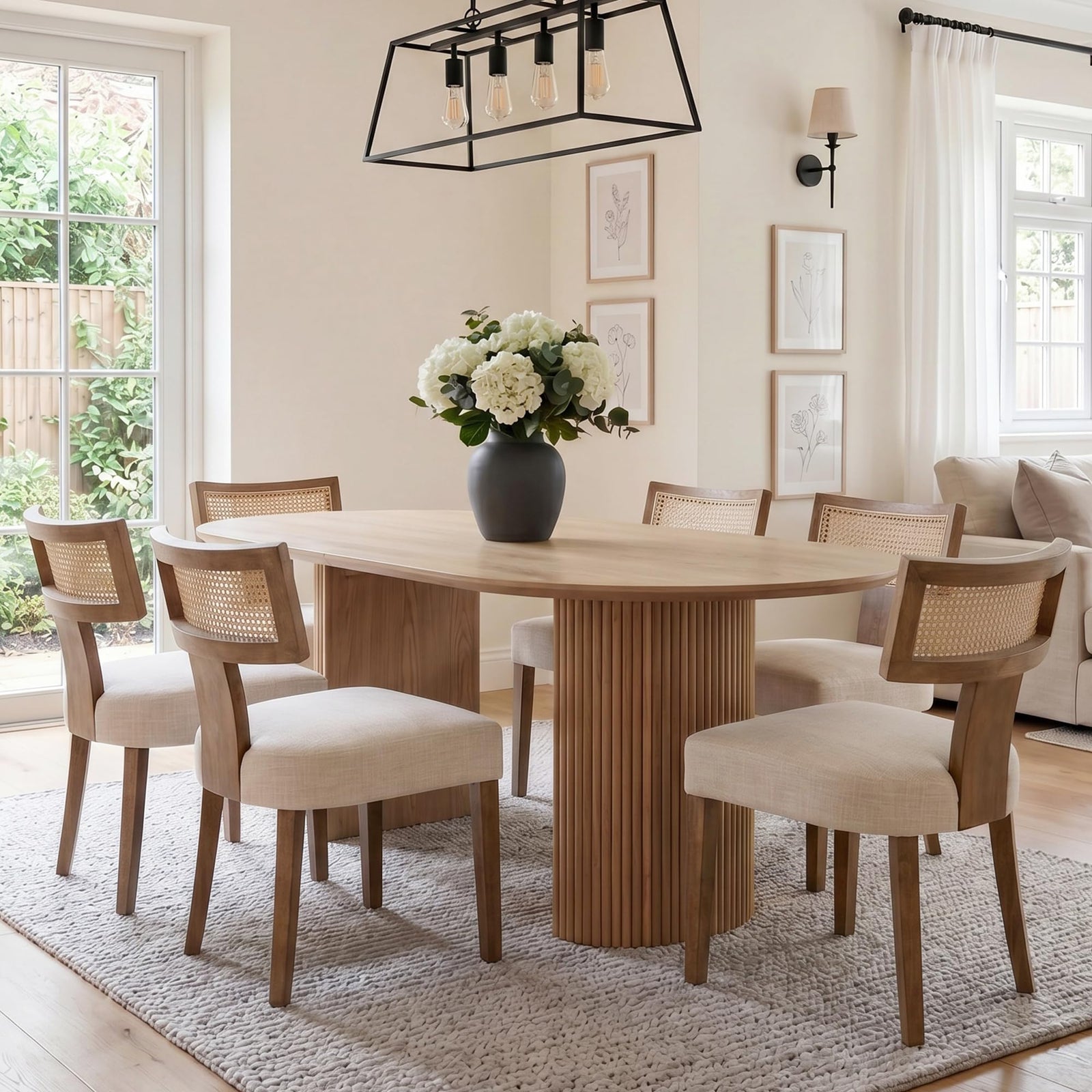 HNY Mid Century Modern Rattan Dining Chairs Set of 6, Linen Upholstered Kitchen & Dining Room Chairs with Ergonomic Curved Back, Solid Wood Frame, Farmhouse Accent Chairs for Home, Apartment, Beige 