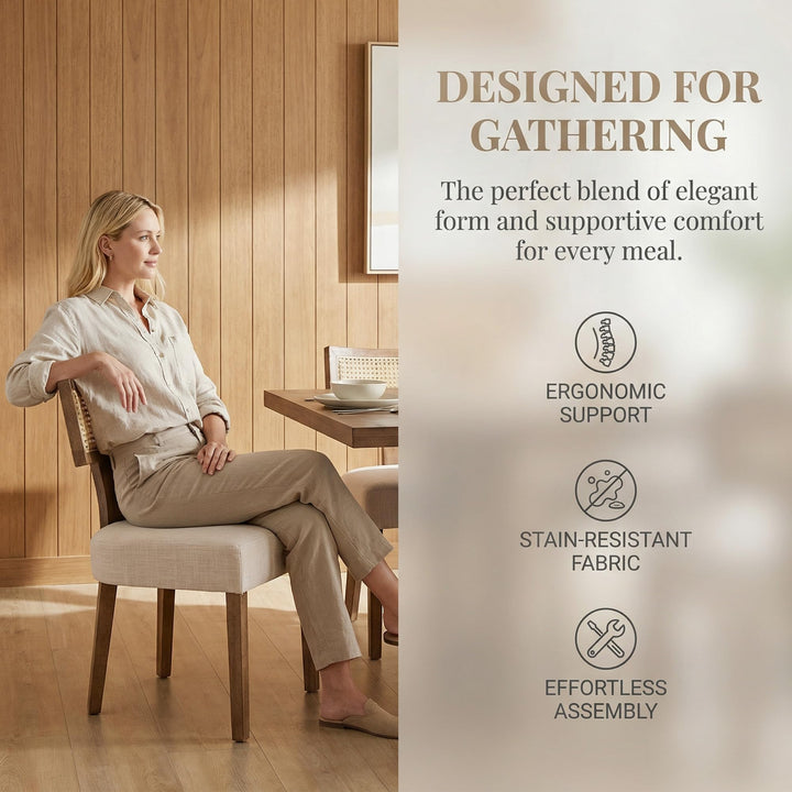 HNY Mid Century Modern Rattan Dining Chairs Set of 6, Linen Upholstered Kitchen &amp; Dining Room Chairs with Ergonomic Curved Back, Solid Wood Frame, Farmhouse Accent Chairs for Home, Apartment, Beige 