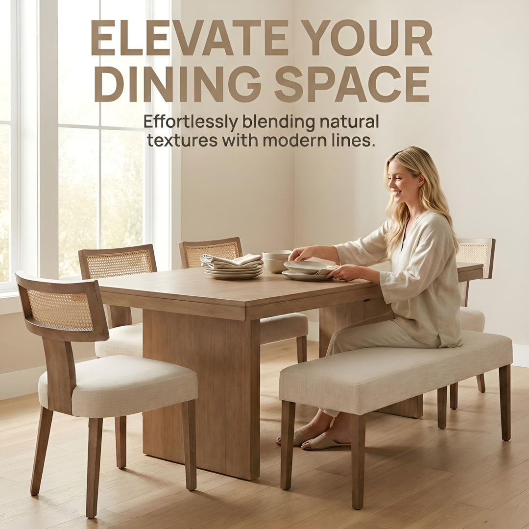 HNY Mid Century Modern Rattan Dining Chairs Set of 6, Linen Upholstered Kitchen &amp; Dining Room Chairs with Ergonomic Curved Back, Solid Wood Frame, Farmhouse Accent Chairs for Home, Apartment, Beige 