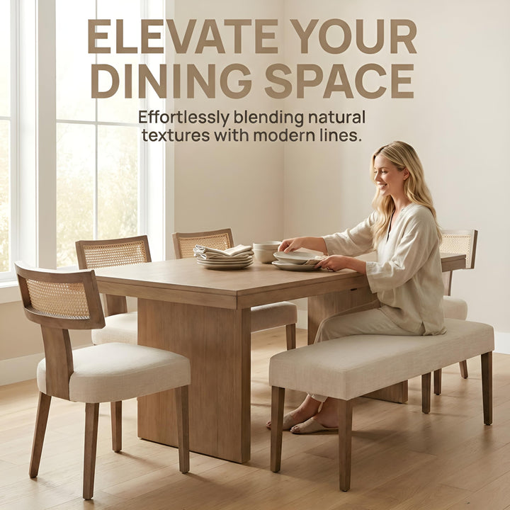 HNY Mid Century Modern Rattan Dining Chairs Set of 6, Linen Upholstered Kitchen &amp; Dining Room Chairs with Ergonomic Curved Back, Solid Wood Frame, Farmhouse Accent Chairs for Home, Apartment, Beige 